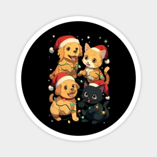 Playful Pets Tangle in Christmas Lights with Santa Hats Magnet